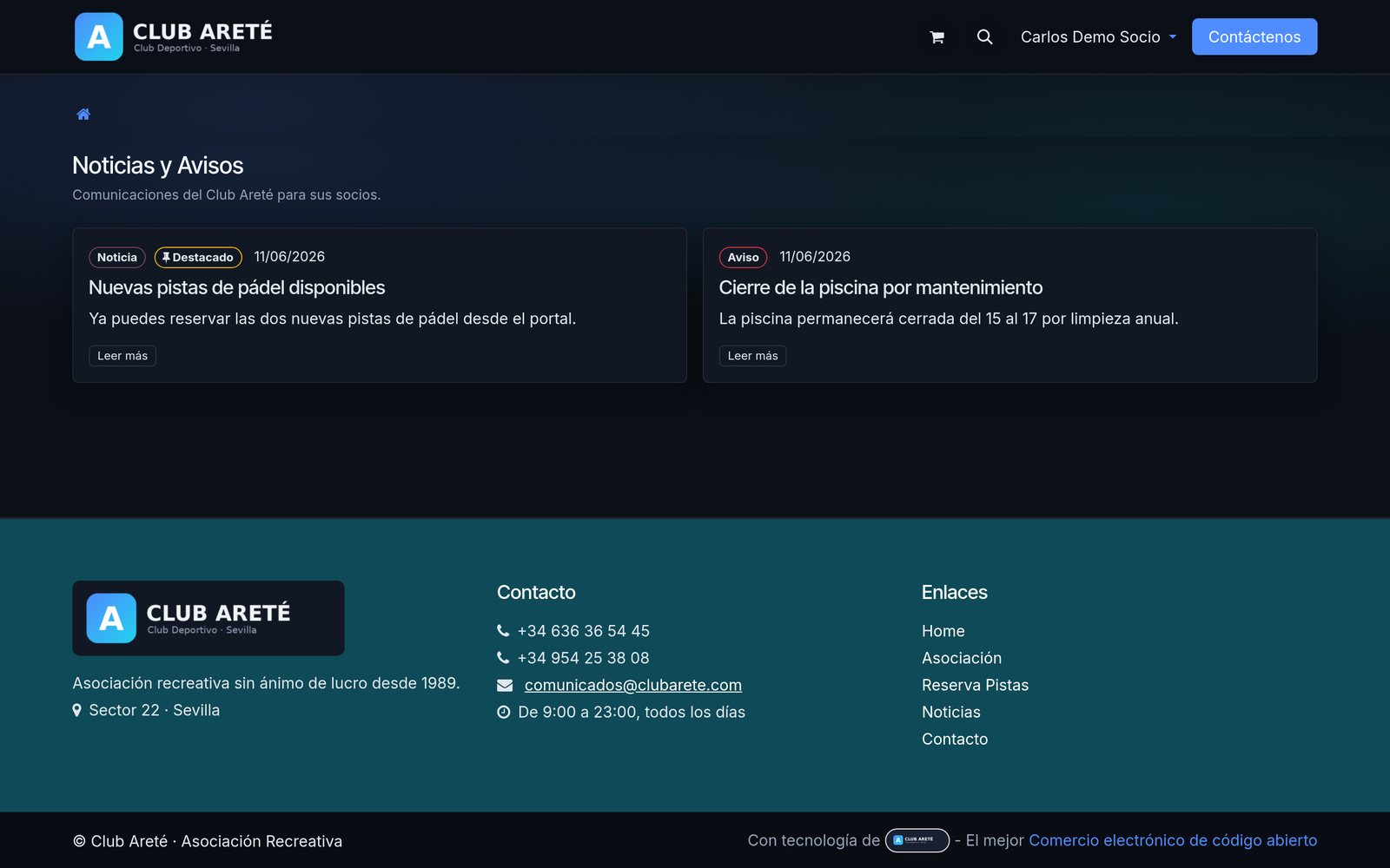 Tablón de noticias y avisos del club para socios