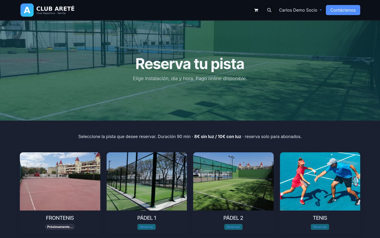 Reserva de pistas online con fotos de las pistas y botón de reservar