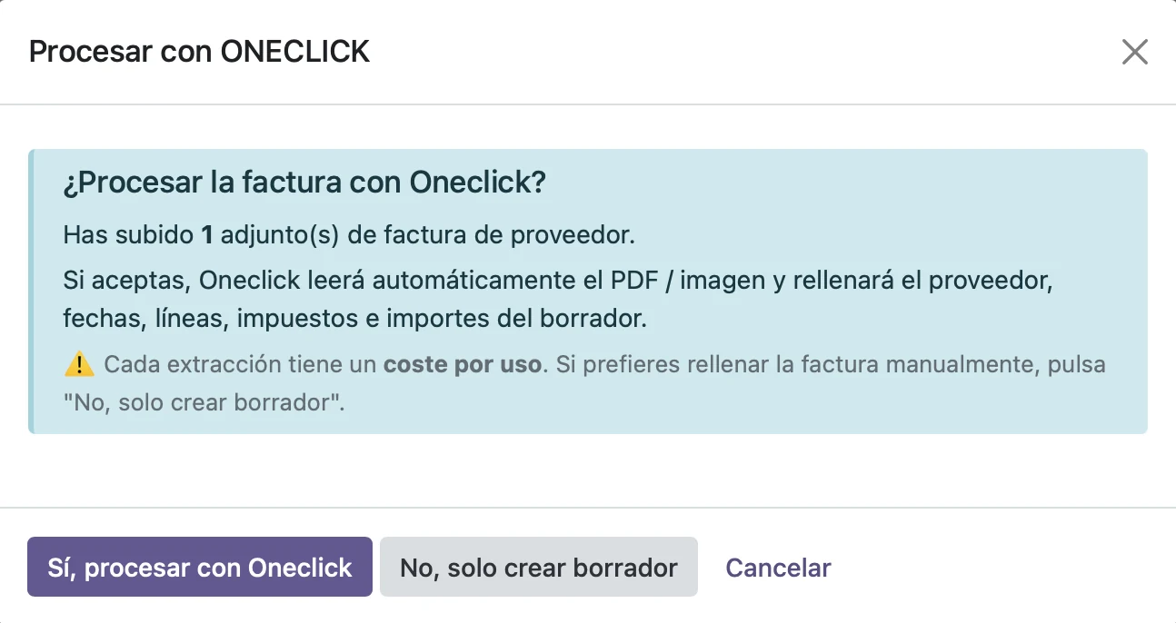 Oneclick — diálogo de procesamiento de factura de proveedor